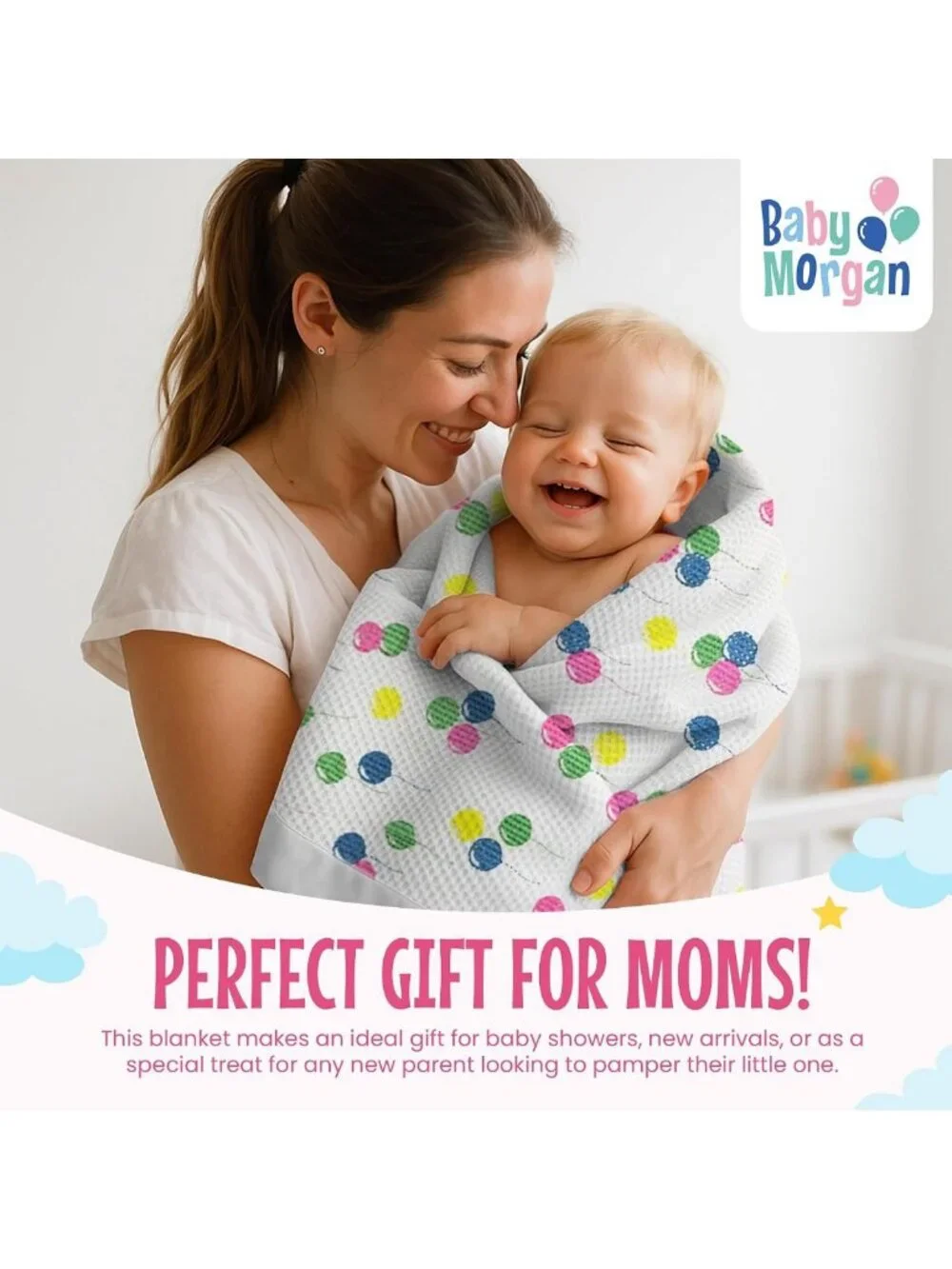 Cozy Thermal Waffle Baby Blanket with Satin Trim, Balloon Pattern 36